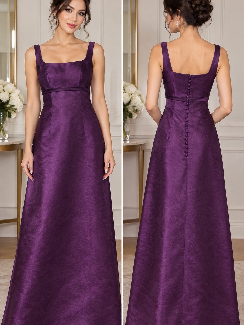 Sleeveless Square-Neck Purple Evening Dress